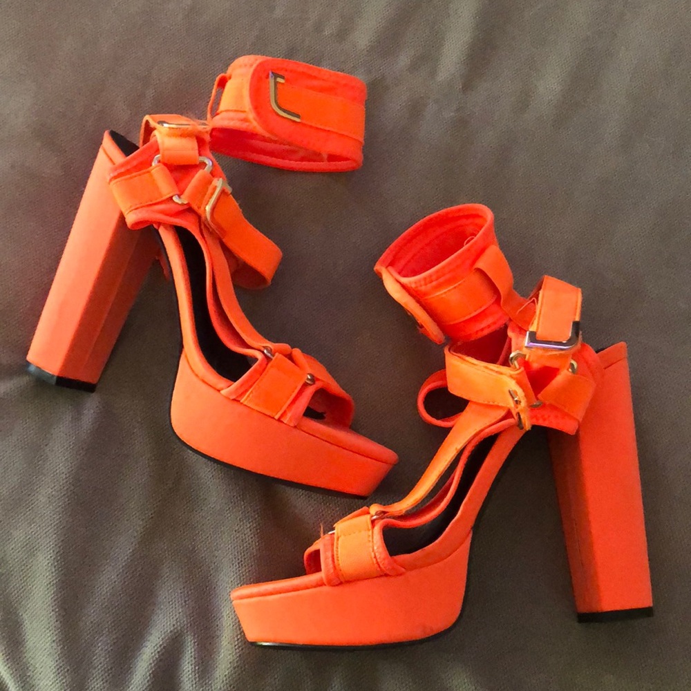 Neon orange block heels
